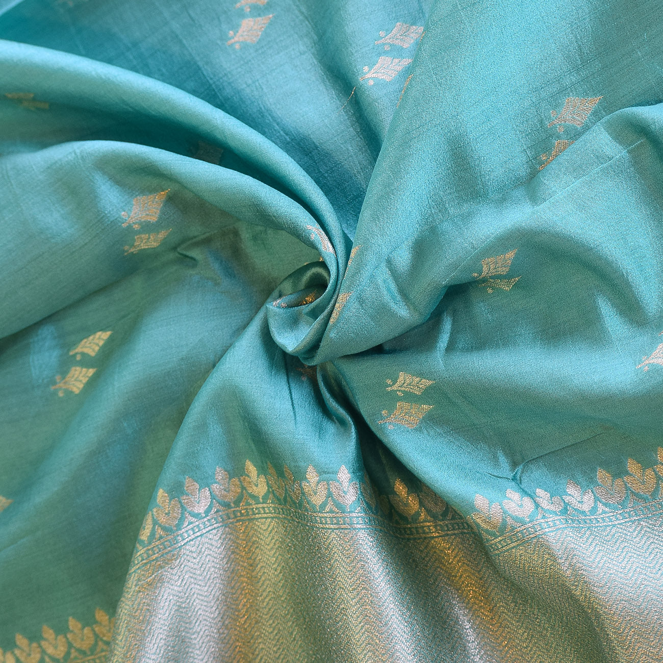 Ice Blue Handwoven Banarasi Munga Muslin Suit Set with Zari Butis & Ornate Border