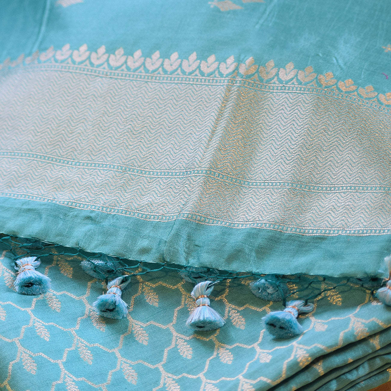 Ice Blue Handwoven Banarasi Munga Muslin Suit Set with Zari Butis & Ornate Border