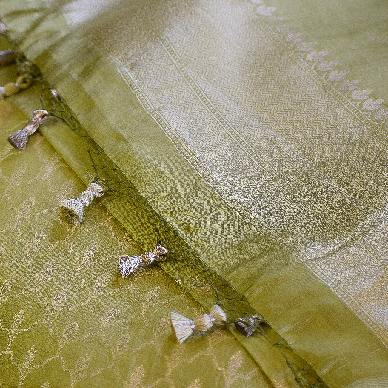 Olive Green Handwoven Banarasi Munga Muslin Suit Set with Zari Butis & Ornate Border