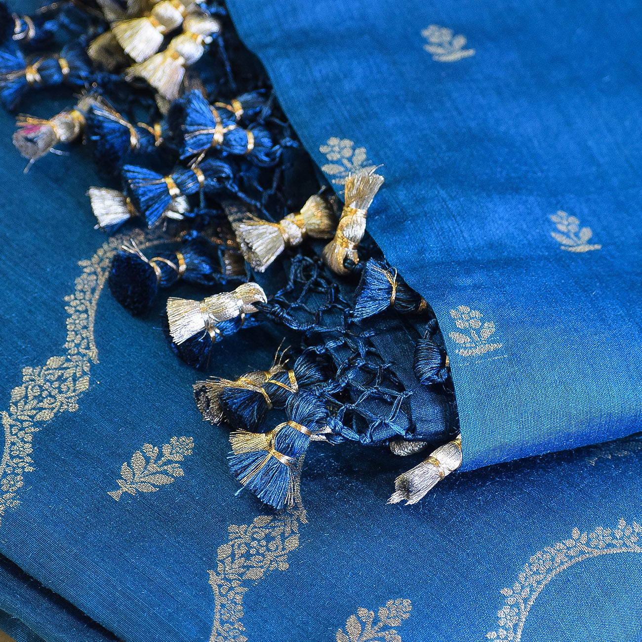 Azure Blue Handwoven Banarasi Munga Muslin Suit Set with Zari Butis & Ornate Border