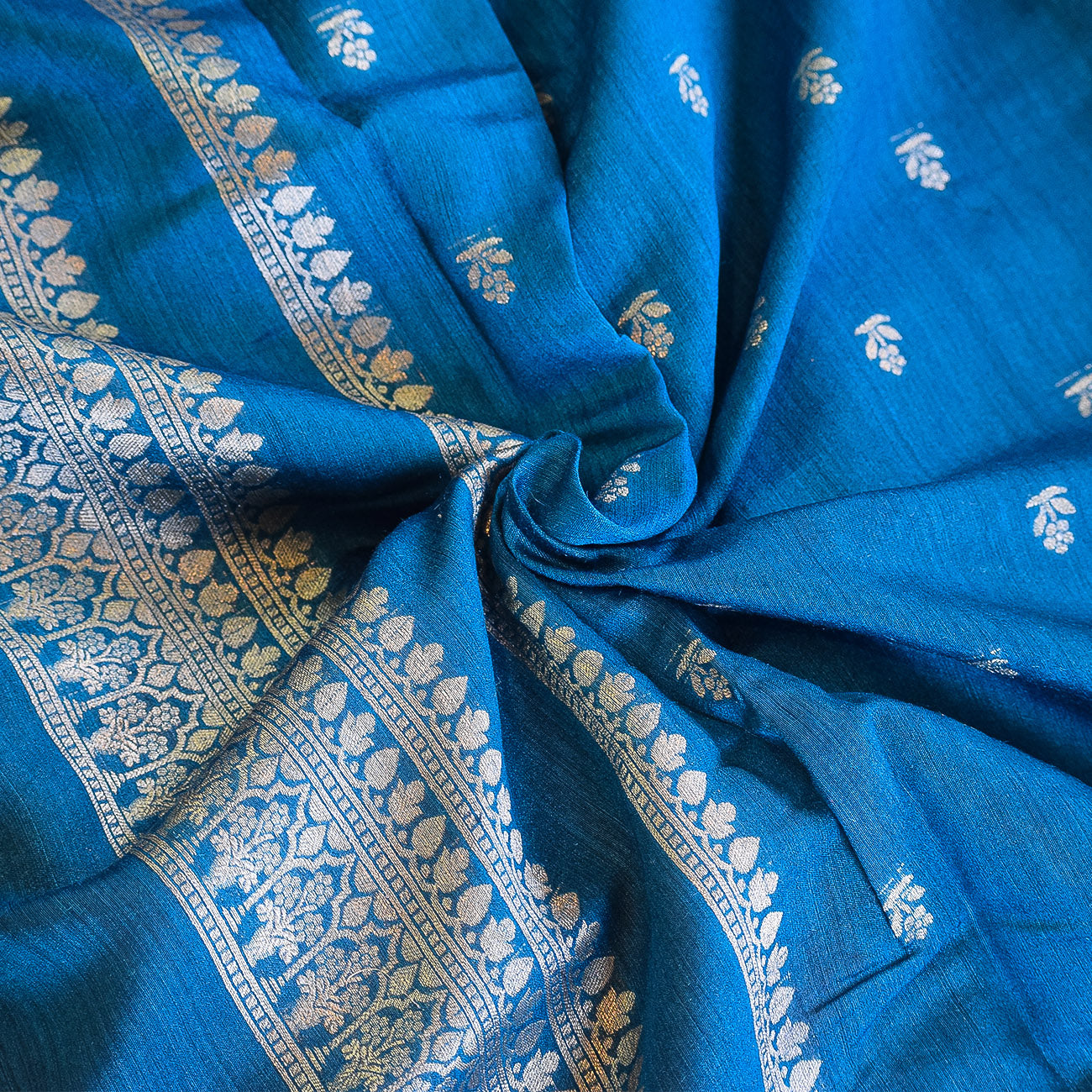Azure Blue Handwoven Banarasi Munga Muslin Suit Set with Zari Butis & Ornate Border
