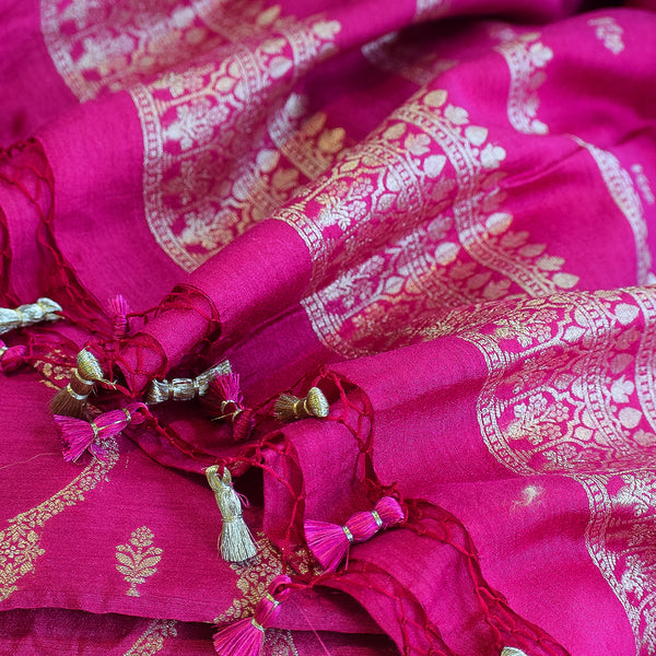 Fuchsia Pink Handwoven Banarasi Munga Muslin Suit Set with Zari Butis & Ornate Border
