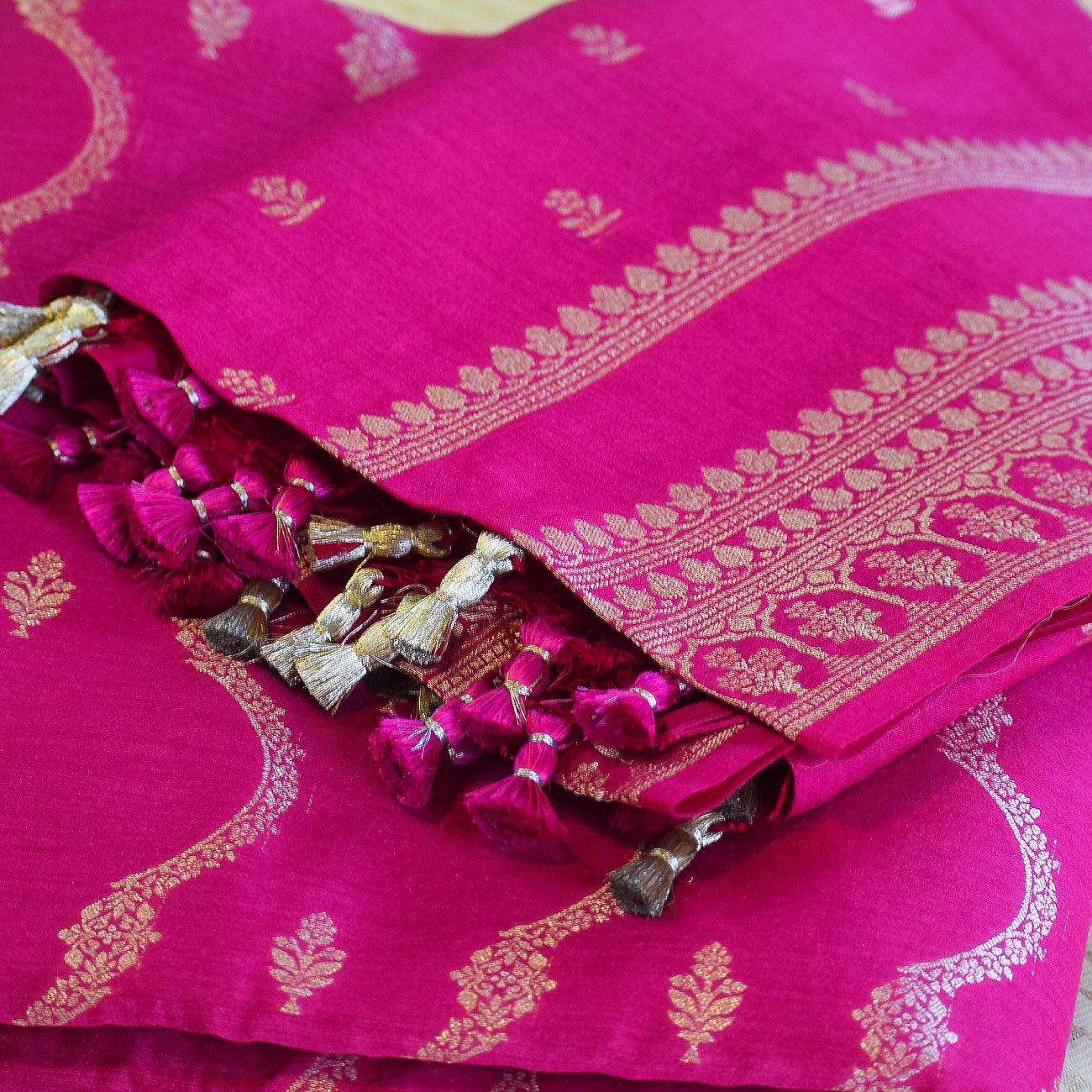 Fuchsia Pink Handwoven Banarasi Munga Muslin Suit Set with Zari Butis & Ornate Border