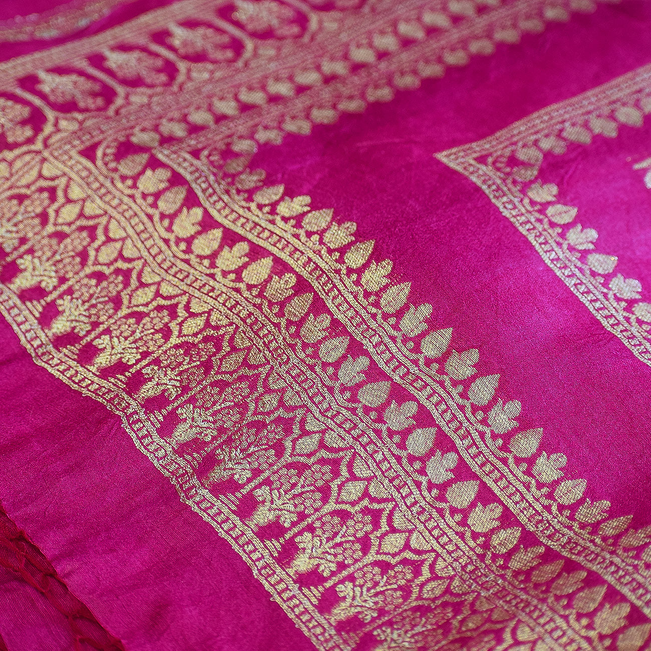 Fuchsia Pink Handwoven Banarasi Munga Muslin Suit Set with Zari Butis & Ornate Border