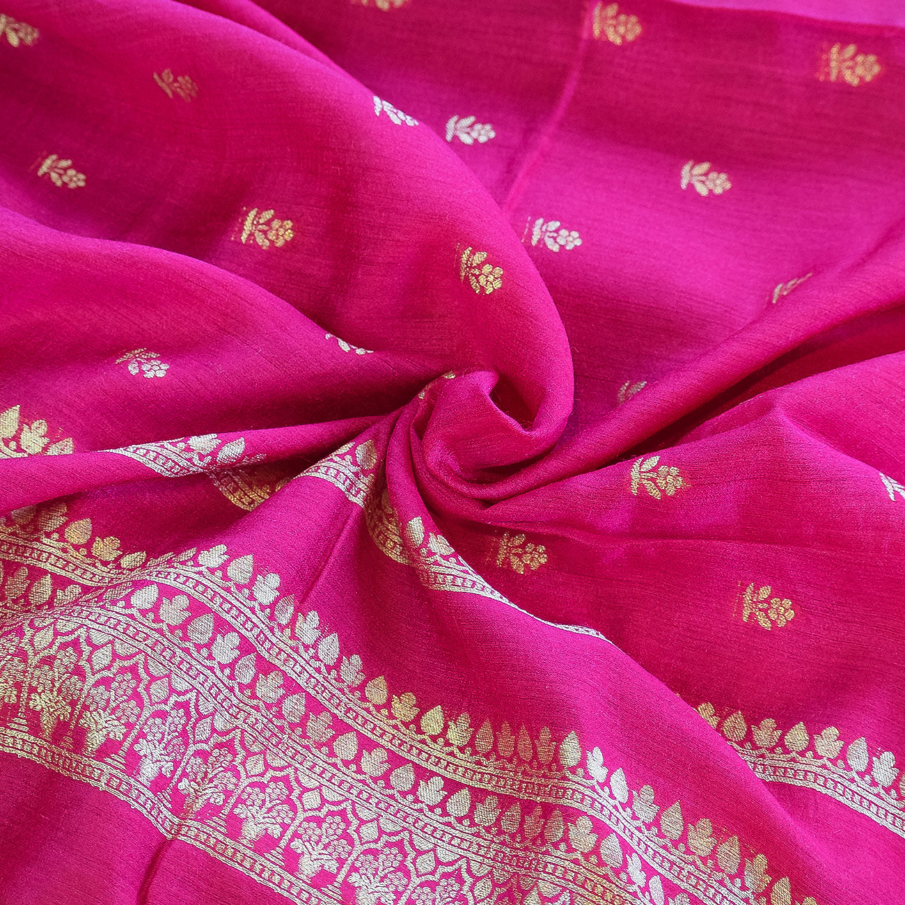 Fuchsia Pink Handwoven Banarasi Munga Muslin Suit Set with Zari Butis & Ornate Border