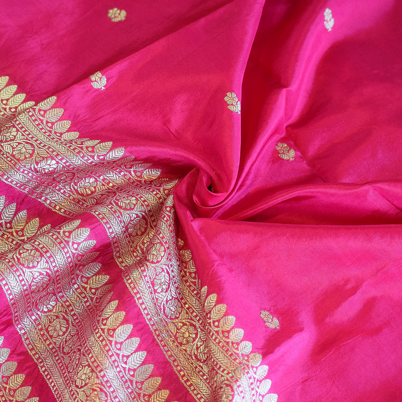 Rani Pink Handwoven Banarasi Munga Muslin Suit Set with Intricate Zari Borders & Playful Tassels