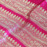 Rani Pink Handwoven Banarasi Munga Muslin Suit Set with Intricate Zari Borders & Playful Tassels