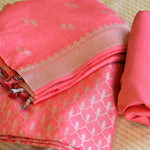 Pink Handwoven Banarasi Munga Muslin Suit Set with Zari Butis & Ornate Border